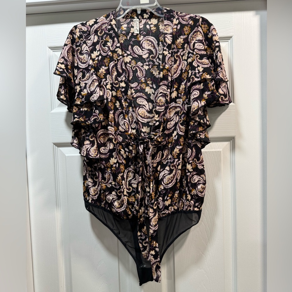 Free People Paisley Print Bodysuit - Black and Pink